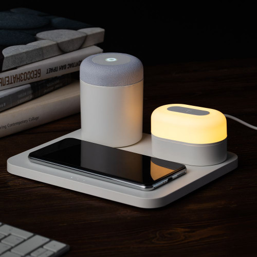 Станция беспроводной зарядки с колонкой и ночником Trilogy, белая