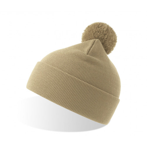 Шапка вязаная  двойная Wind-S, с отворотом и помпоном, бежевый, 100% переработанный полиэстер